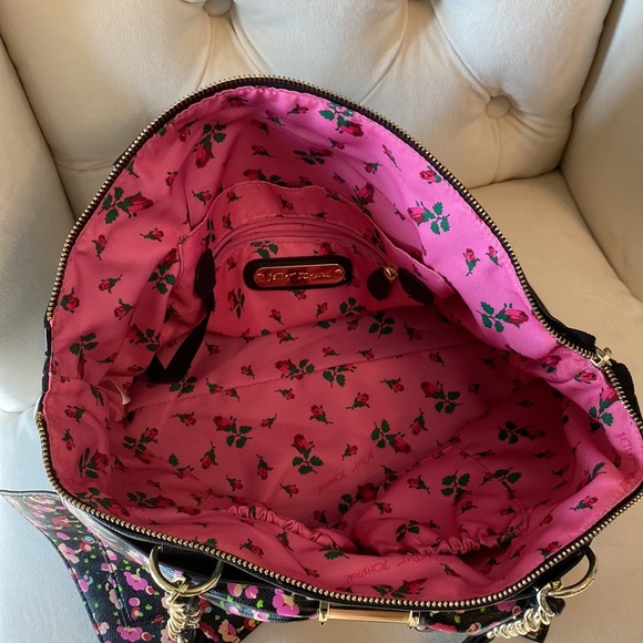 🌹Betsy Johnson pink floral bow shoulder / hand bag vintage black oversized - Picture 4 of 16